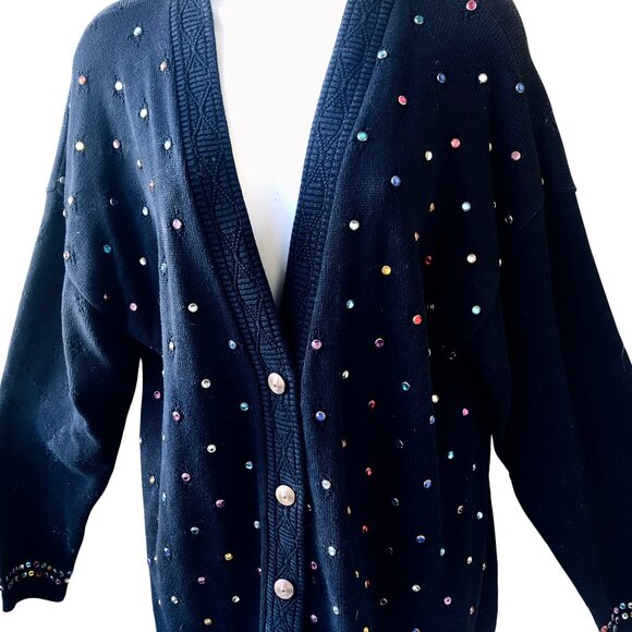 DONYA Z NEW YORK Vintage 80's Black Cardigan Sweater BLING - Picture 5 of 14